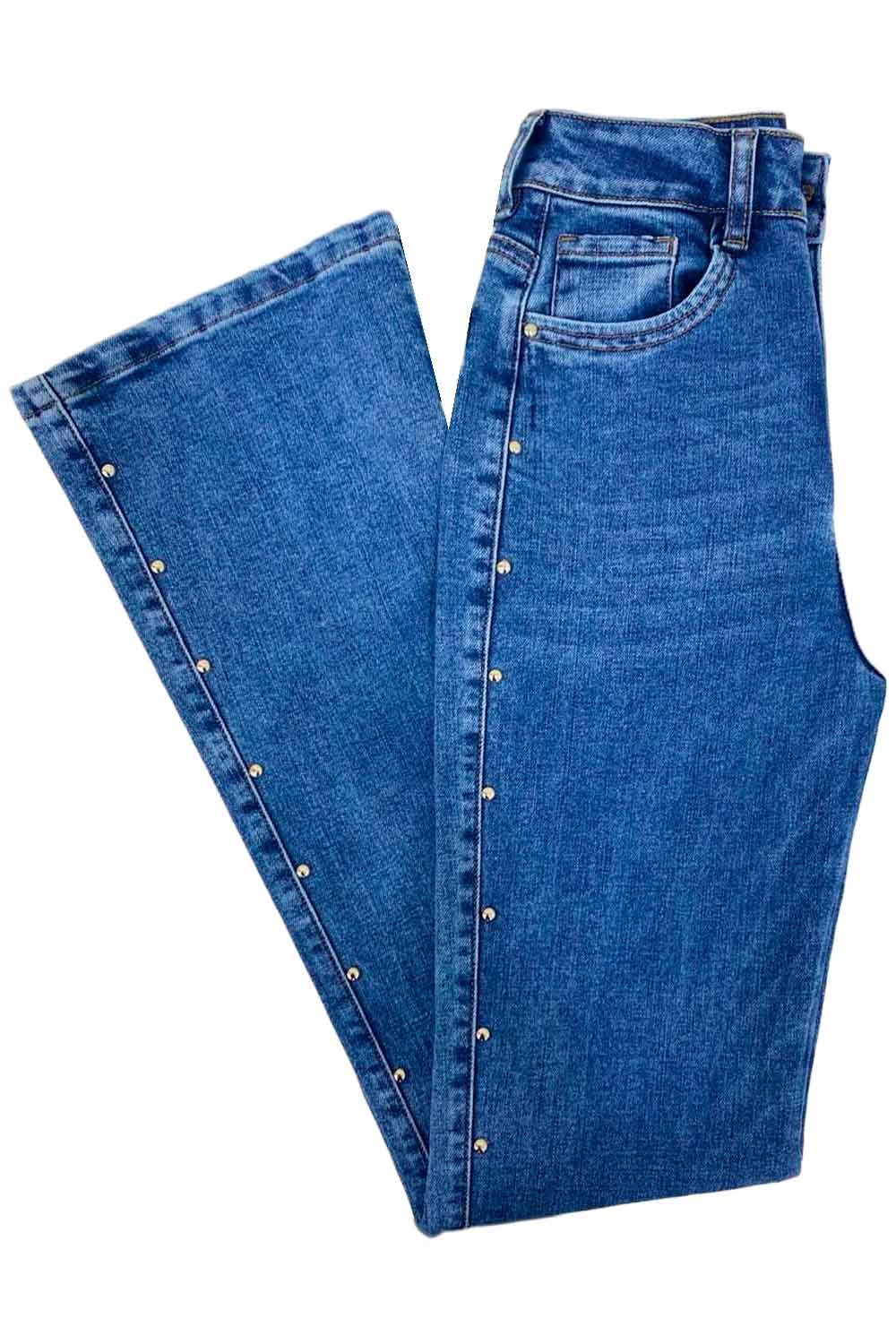 JEAN MUJER TIRO ALTO WIDE LEG TACHUELAS DECORATIVAS AZUL